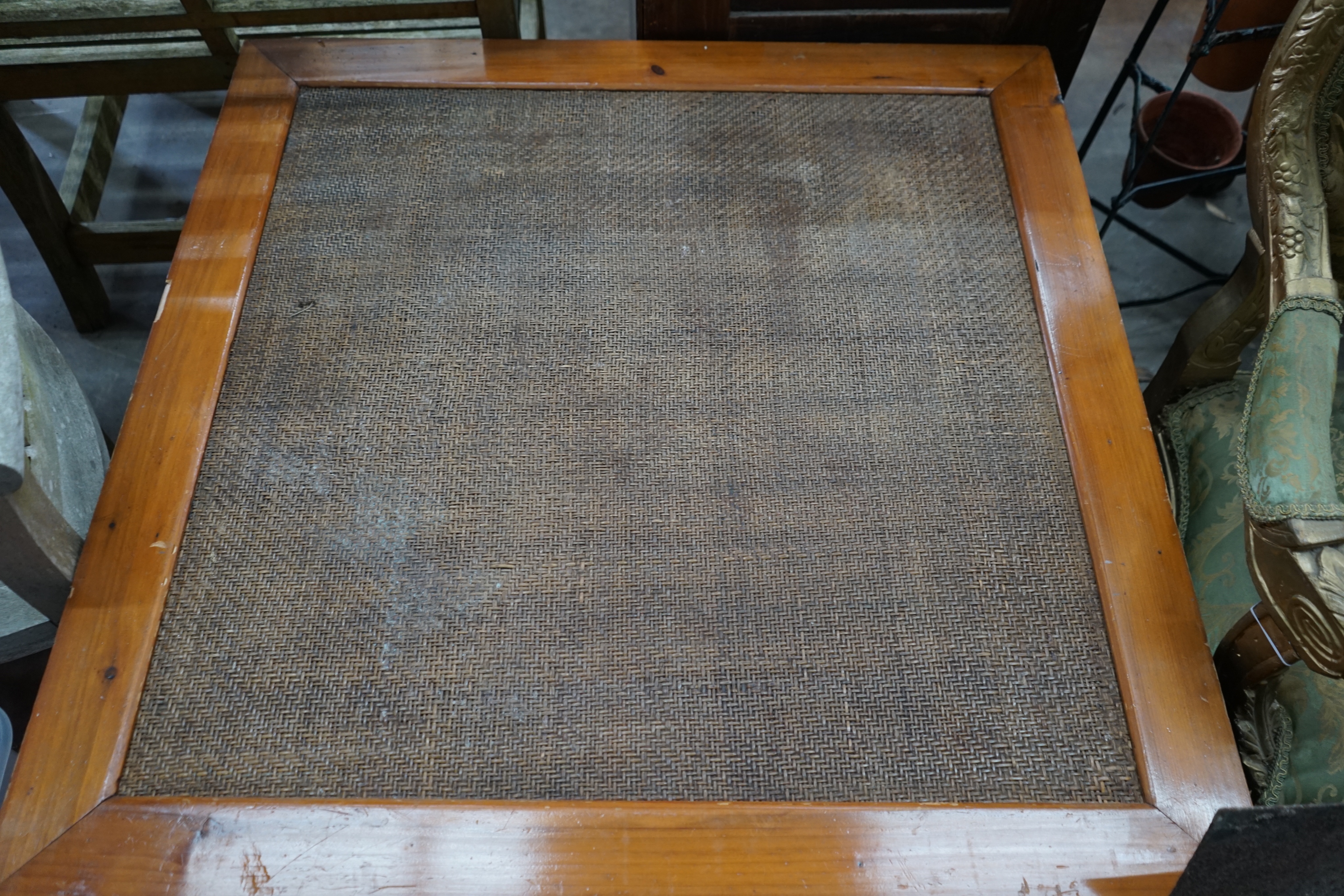 Two Chinese caned pine and hardwood coffee tables, larger length 149cm, width 99cm, height 47cm